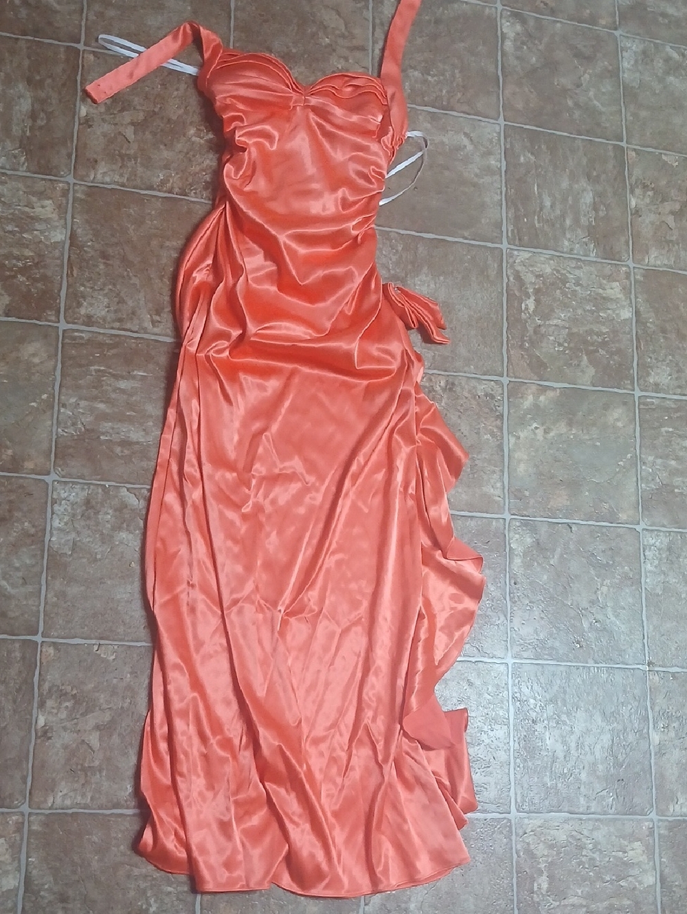 Blondie Nites Orange Runched Ehinestone Embellished Maxi Satin Prom Dress